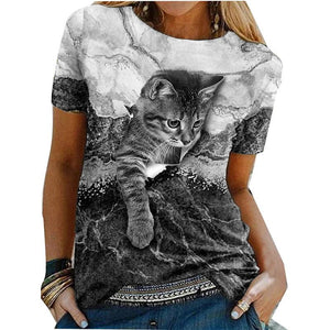 Women's 3D Cat Animal Painting T Shirt Cat Graphic Round Neck Tee