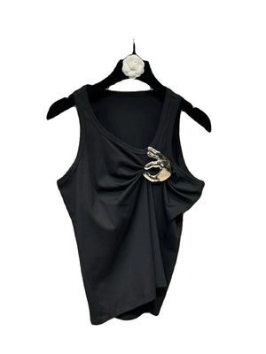 Round Neck Ruched Slim Tank Top with Brooch for Women