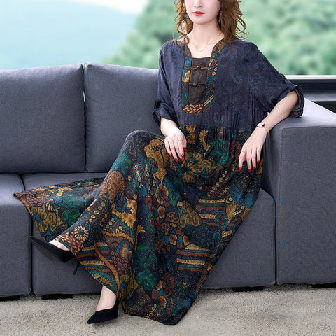 Silk Maxi Dress Women Elegant Hepburn Black Floral Mulberry Loose Waist Casual Fashion Dress