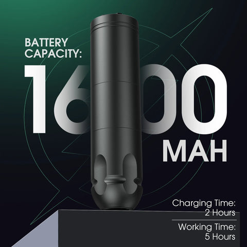 Black wireless tattoo pen machine with battery capacity details on a dark green background