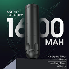 Black wireless tattoo pen machine with battery capacity details on a dark green background