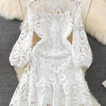 Women's Lace Midi Dress Hollow out Floral Embroidery Puff Ruffle Long Sleeve Vintage Elegant Dress