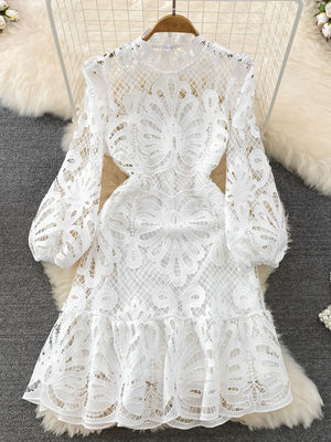 Women's Lace Short Dress Hollow out Floral Embroidery Puff Ruffle Long Sleeve Vintage Elegant Dress