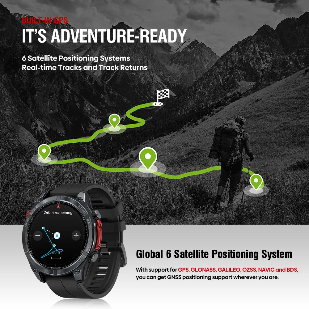 Smartwatch with mountainous landscape and hiking person, emphasizing GPS functionality.