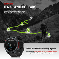 Smartwatch with mountainous landscape and hiking person, emphasizing GPS functionality.