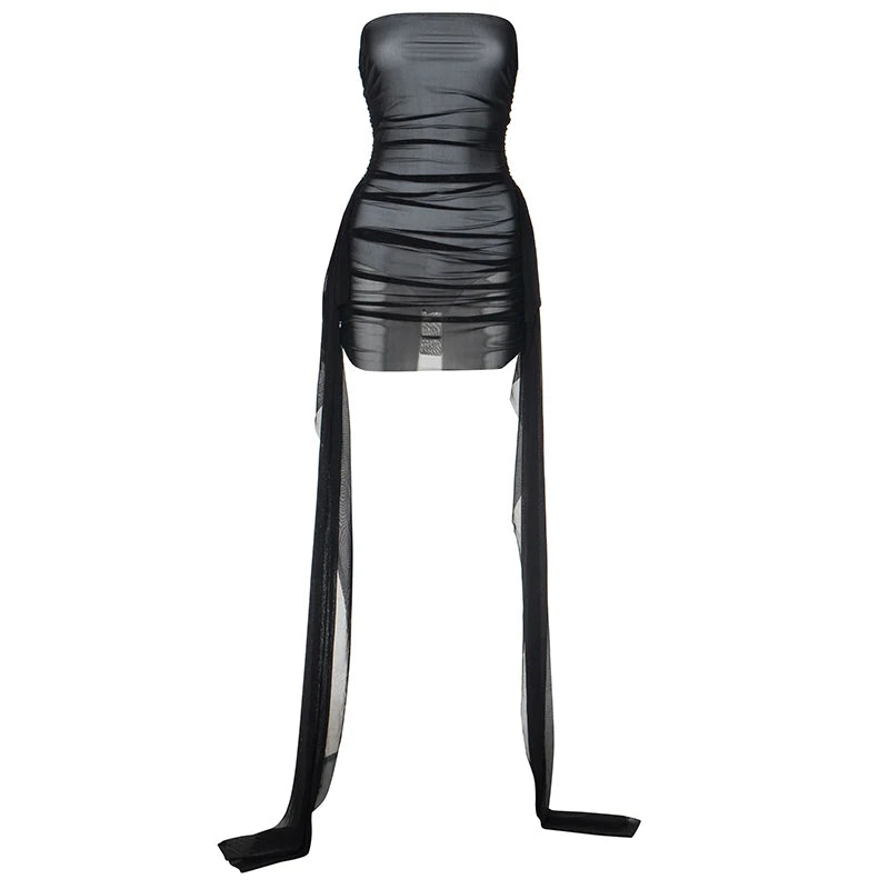 New Fashion Mesh Ribbon Women's Dress Strapless Folds See Through Wrap Hip Sexy Sheath Short Dress Club Partywear