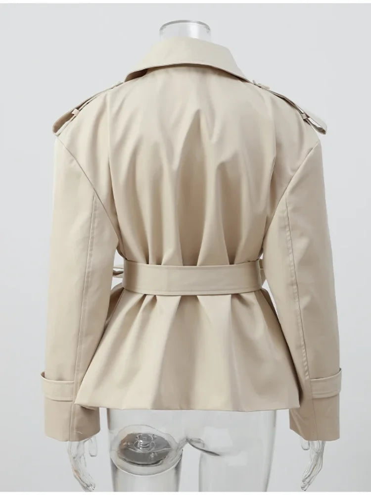 Khaki Belted Lace-Up Short Trench Coat for Women 