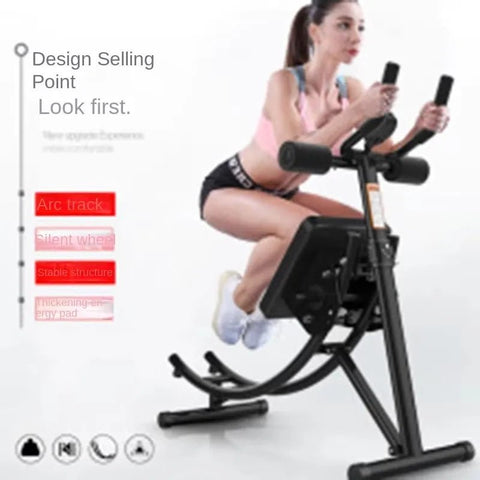 Woman using a black exercise ab machine with text highlighting features on a white background