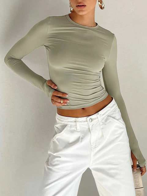 Long Sleeve T-Shirt Women Crew Neck Solid Slim Fit Crop Top Thumb Holes Streetwear Spring Fall