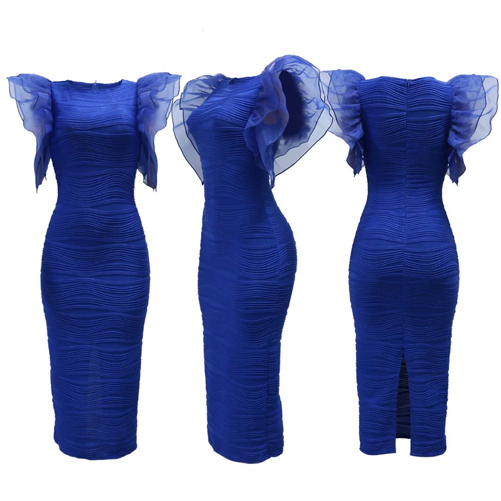Elegant Hot Striped Bodycon Midi Dress with Sheer Ruffle Sleeves