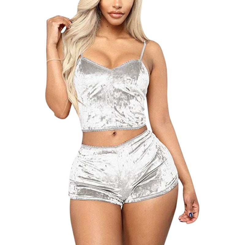 2pcs Velvet Sexy Shorts Pajama Party Set Women's Top and Shorts Pajamas