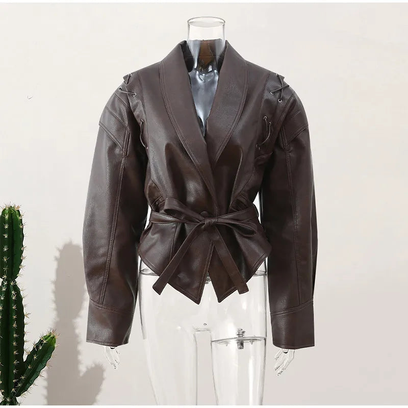 New Fashion Faux Leather Women's Short Jacket With Belt Turn Down Collar Long Sleeve Motorcycle Coat Warm Outerwear