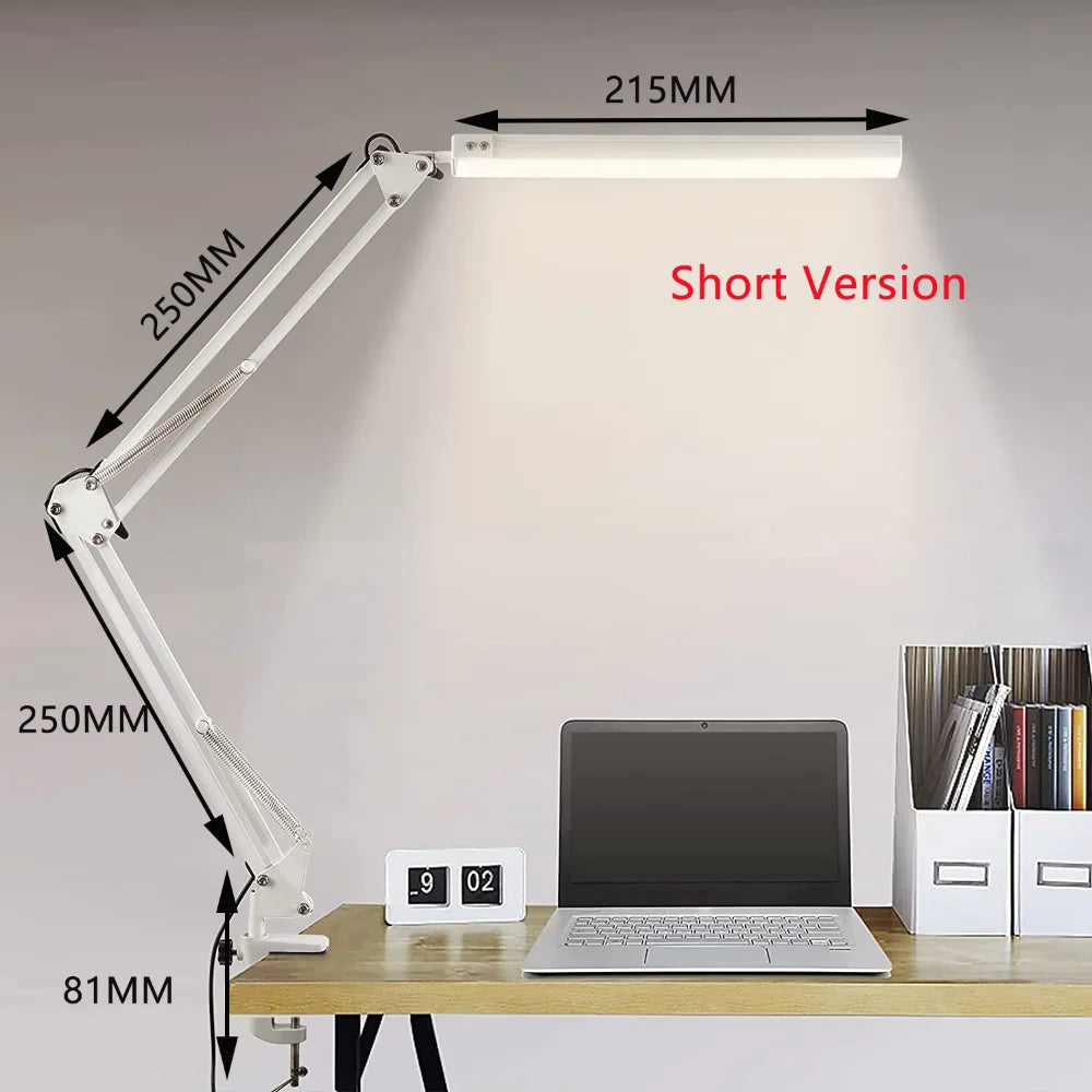Adjustable desk lamp with measurements on a desk setup.
