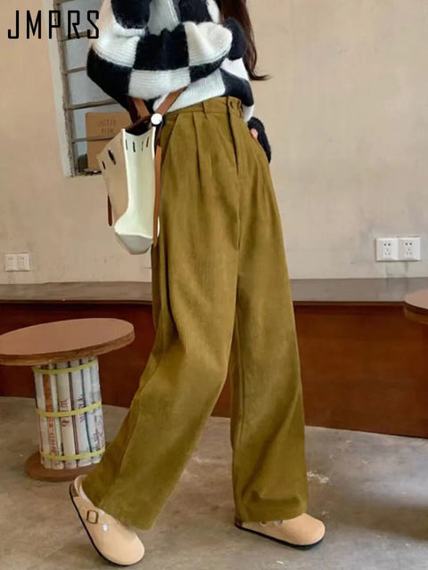 Corduroy Pants Women Vintage Straight Wide Leg High Waist Pockets Retro Casual Fashion Trousers