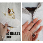 Dancing Ballet Cat Half-Cardigan Cartoon Sweatshirt Stand Collar Casual Loose Top Long Sleeve Pullover Light Gray Sweat Top