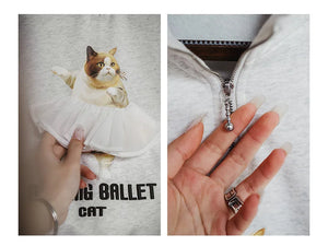 Dancing Ballet Cat Half-Cardigan Cartoon Sweatshirt Stand Collar Casual Loose Top Long Sleeve Pullover Light Gray Sweat Top