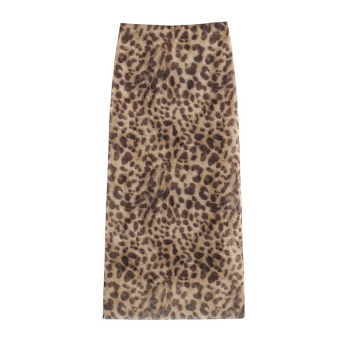 Leopard Print Midi Skirt High Waist Elastic Animal Print A-Line Long Skirt Women Casual Chic