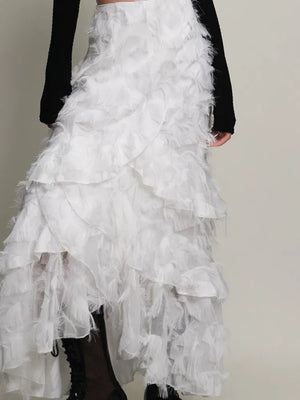 Women's White Irregular Tassel Tiered Skirt For Women A-line High Elastic Waist Layered Skirts