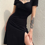 Chic Ruched Black Dress Square Neck Side Split Short Sleeve Casual Party Dress Vintage Gothic Summer Dress