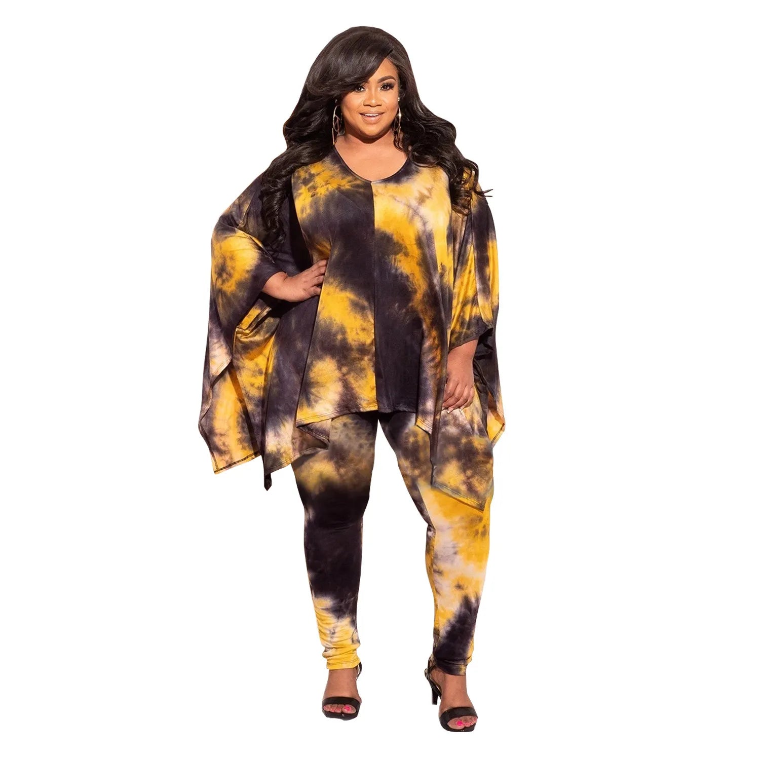 Plus Size Two Piece Pant Sets for Women Tie Dye Leopard Camouflage Pirnt Long Sleeve Top and Pant Suits