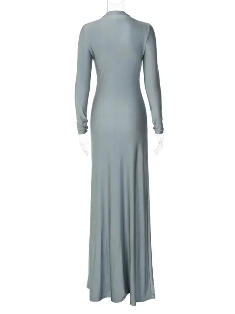 New Autumn Fashion Sexy Zip-Up Solid Gray Long Maxi Dress Elegant Slim Fit Party Night Club Dress