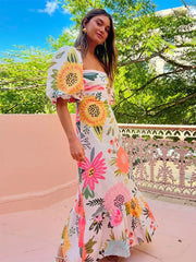 Elegant Flower Print Square Neck Maxi Dress New Spring Summer Fashion Lantern Sleeve A-Line Vacation Dress