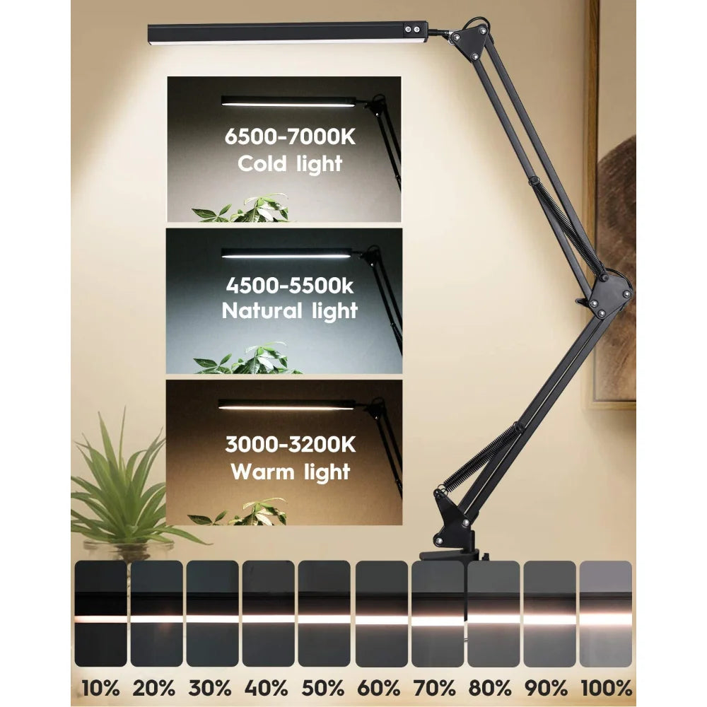 Adjustable desk lamp with color temperature options displayed on a wall.