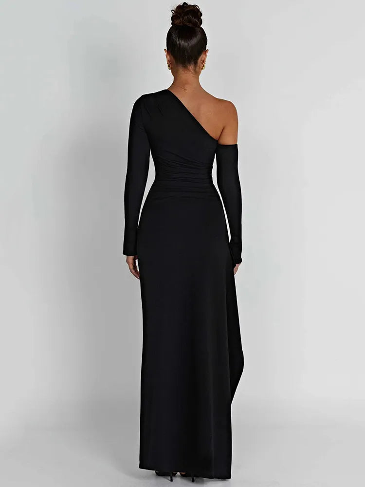 Women's Oblique Shoulder Thigh-High Split Maxi Dress Long Sleeve Half Backless Bodycon Sexy Wedding Prom Dress