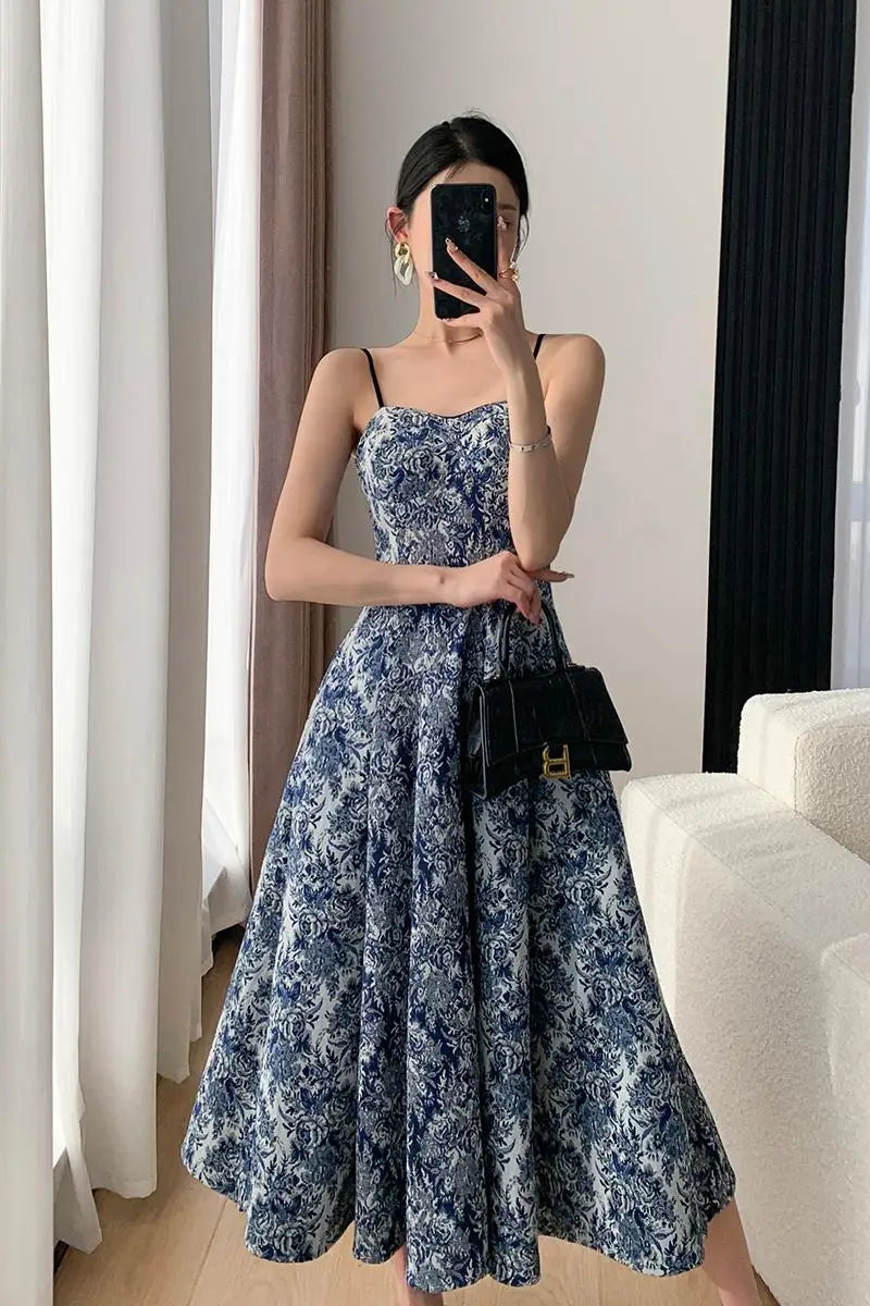 New Fashion Elegant Floral Print Midi Dress Spaghetti Strap Slim A-Line Maxi Chic Dress