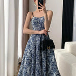 New Fashion Elegant Floral Print Midi Dress Spaghetti Strap Slim A-Line Maxi Chic Dress