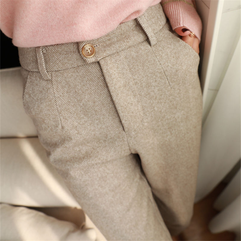 Woolen Pants For Women Harem Pencil Pants Autumn Winter High-Waist Casual Office Trousers