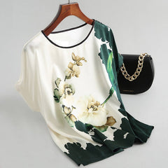 Women's Floral Print Blouse Pullover Satin Plus Size Short Sleeve Vintage Shirt