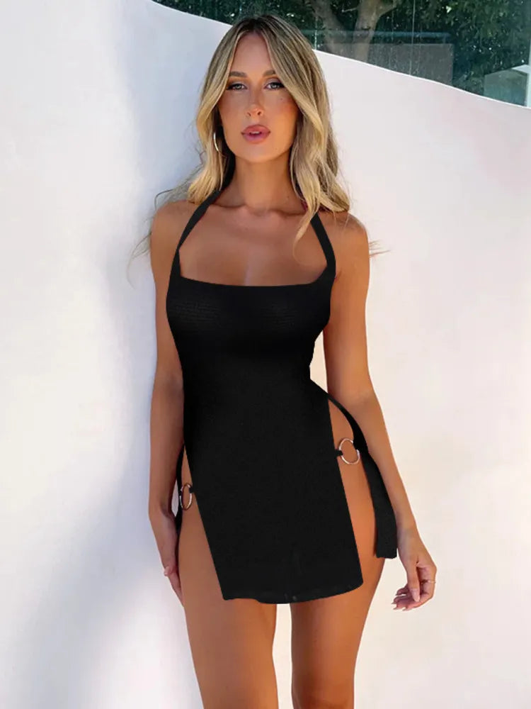 Mini Dress For Women Metal Ring Split Cut Out Sides Summer Fashion Black Halter Backless Sleeveless Bodycon Short Dress