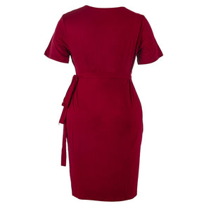 Elegant Wrap V-Neck Solid Lacing Short Sleeve Knee-length Dress