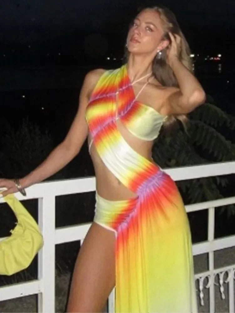 Cutout Tie-Dye Maxi Dress – Vibrant One-Shoulder Summer Beach Dress