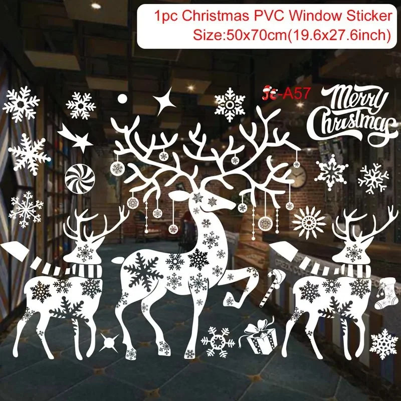 Christmas PVC window sticker with reindeer, deer, and snowflakes on a dark background