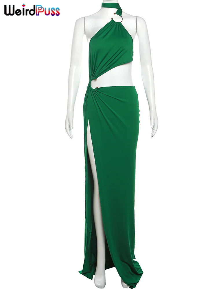 One Shoulder Floor-Length High Split Evening Dress Open Waist Irregular Sexy Party Clubwear Bodycon Dress