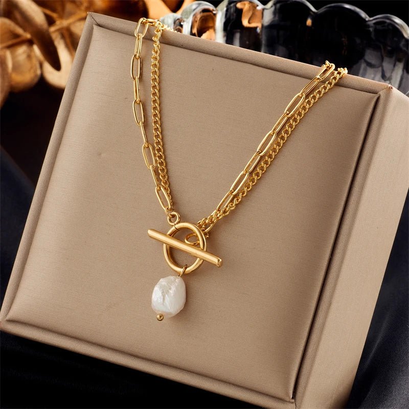 Pearl Pendant Necklace Women 2-Layer Stainless Steel Gold Chain Elegant Party Gift Fashion