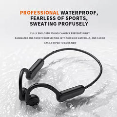 Black wireless earbuds with text about waterproofing and durability on a water splash background