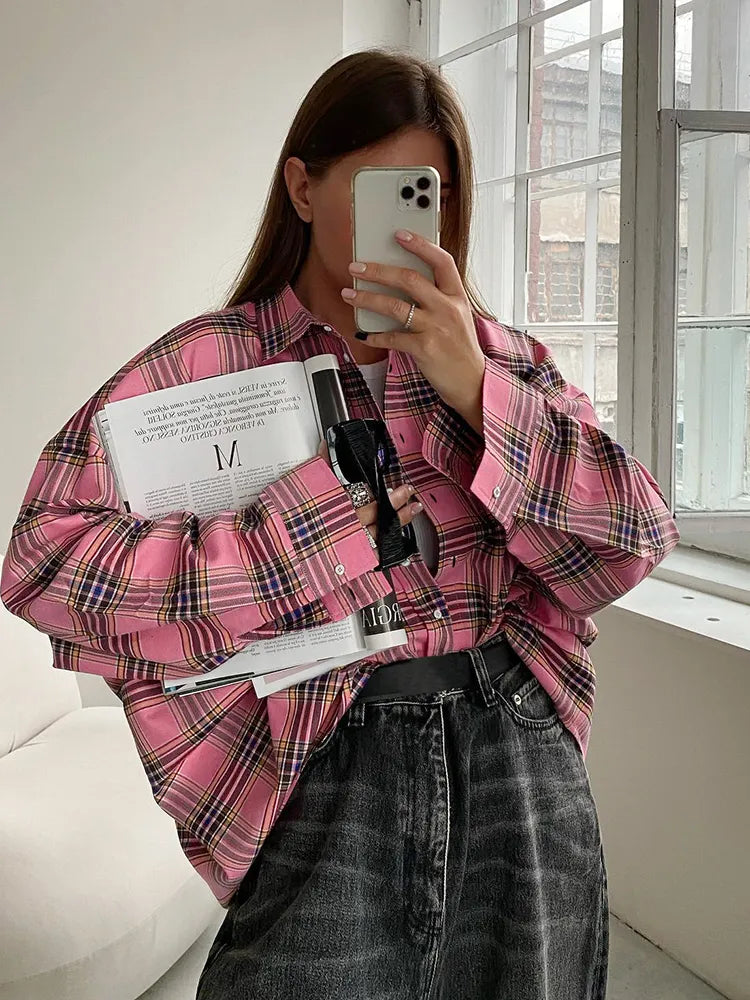 Plaid Shirt for Women Street Wear Casual Long Sleeve Single-Breasted Oversized Shirt