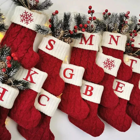 Christmas Stocking Knitted Snowflake Letter Monogram Holiday Decoration Stuffer Gift Home Decor