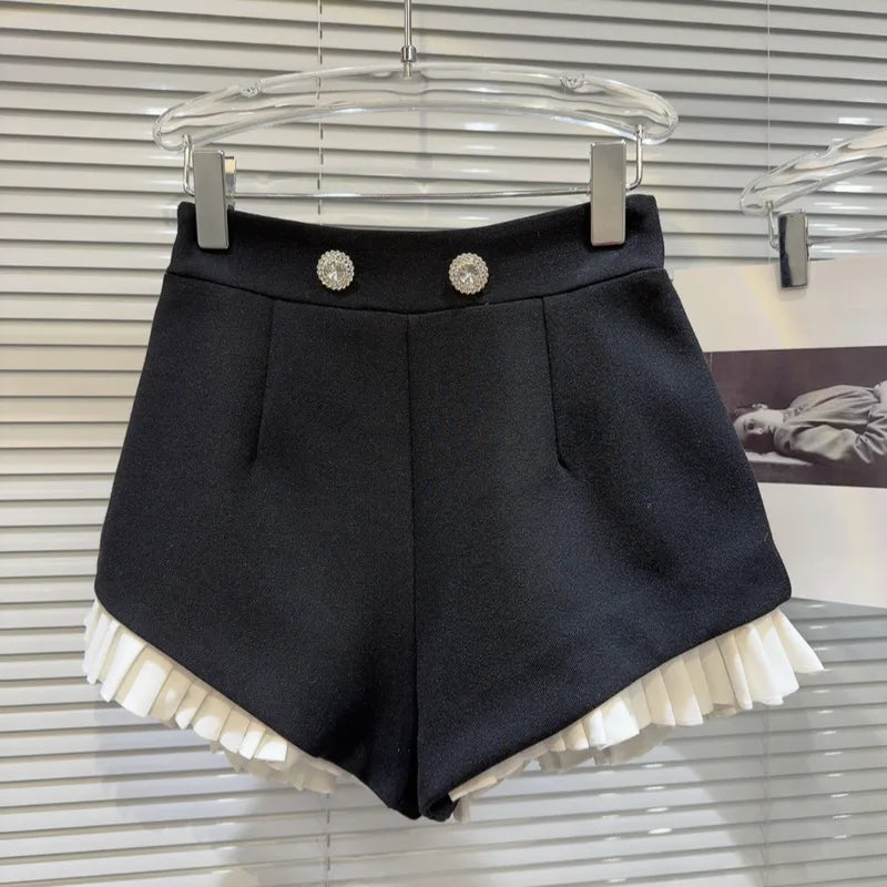 Rhinestone Metal Buttons Women's Shorts Ruched Ruffles Black Shorts