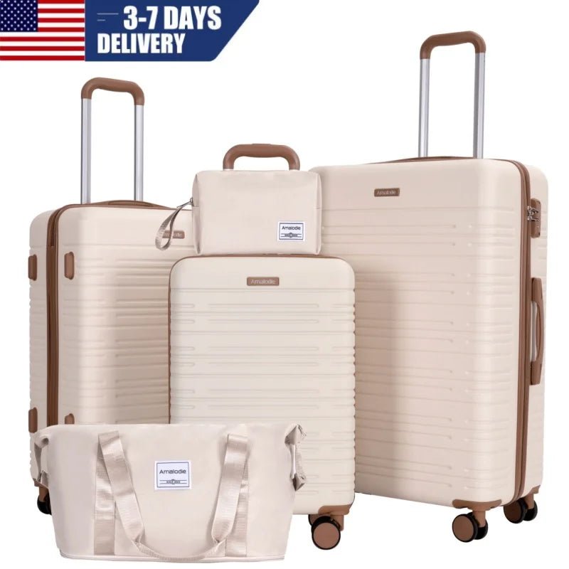 Set of beige suitcases with brown handles and wheels on a white background, with text indicating delivery time.
