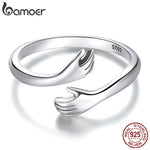 925 Sterling Silver with Platinum Plating Ring Hugging Hands Adjustable Symbol of Love and Unity Rings