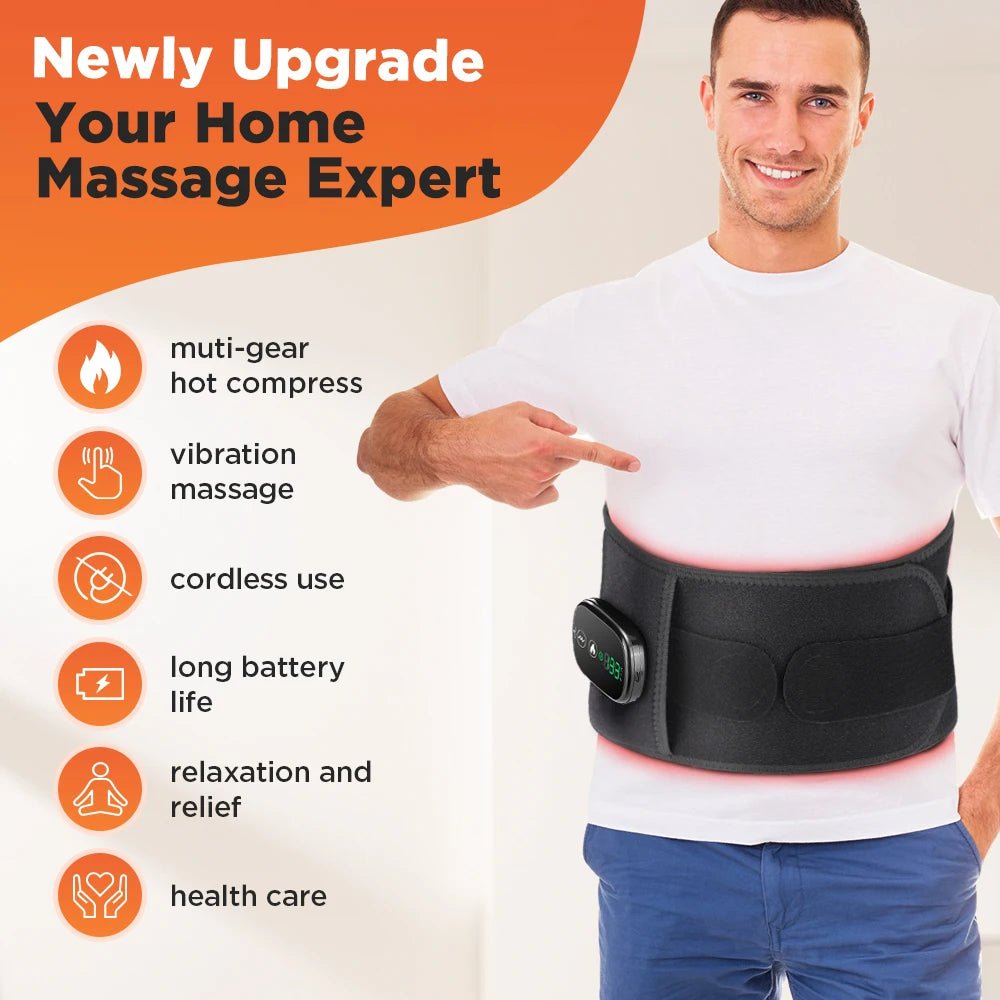 Man wearing a home massage expert heating pad belt with features listed on an orange and beige background
