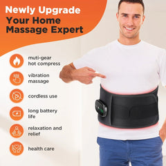 Man wearing a home massage expert heating pad belt with features listed on an orange and beige background