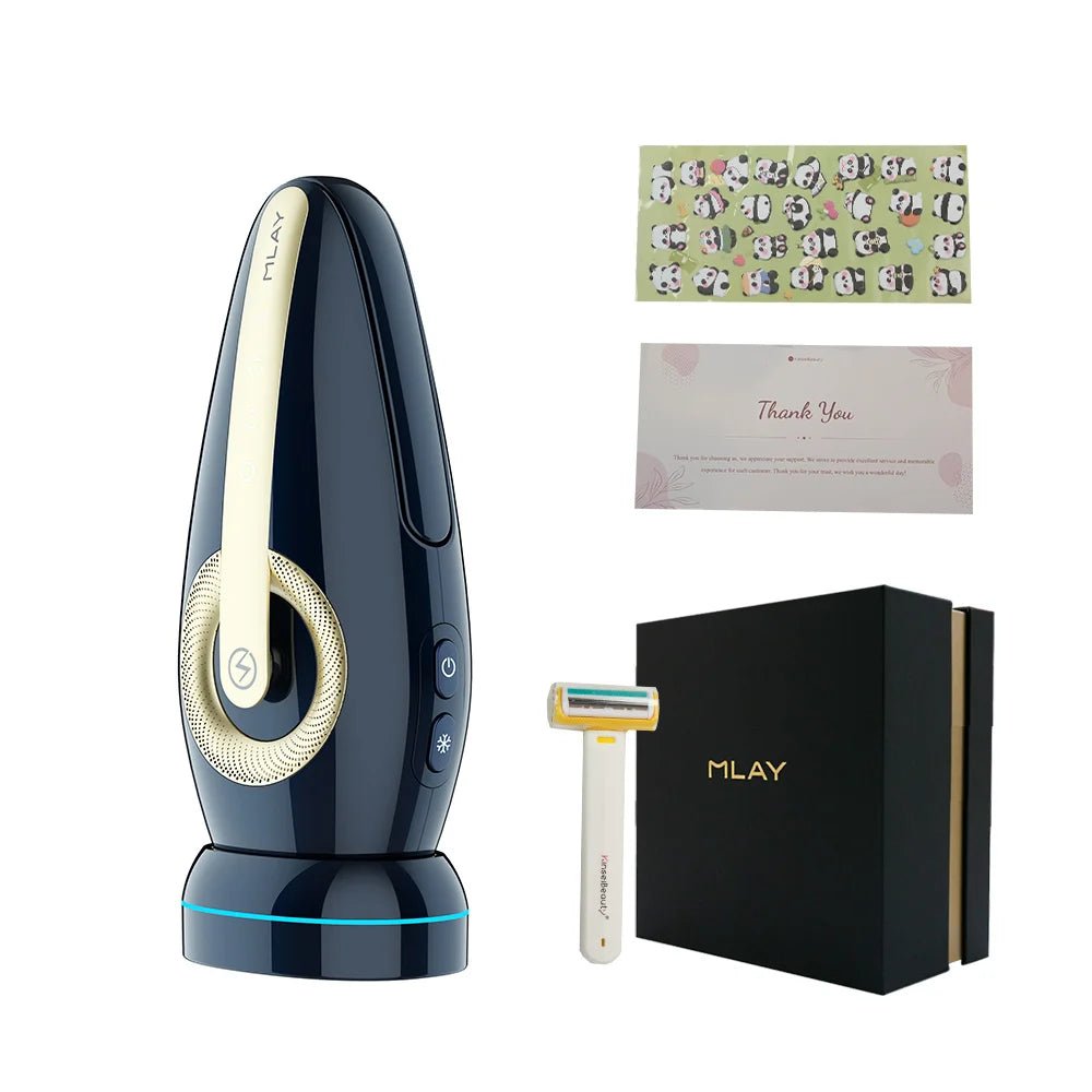 Black and gold electronic epilator with a razor and packaging on a white background
