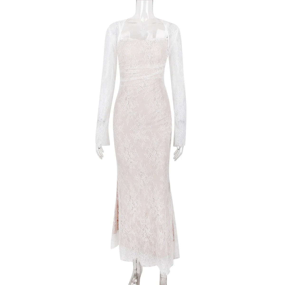 White lace dress on a mannequin against a white background