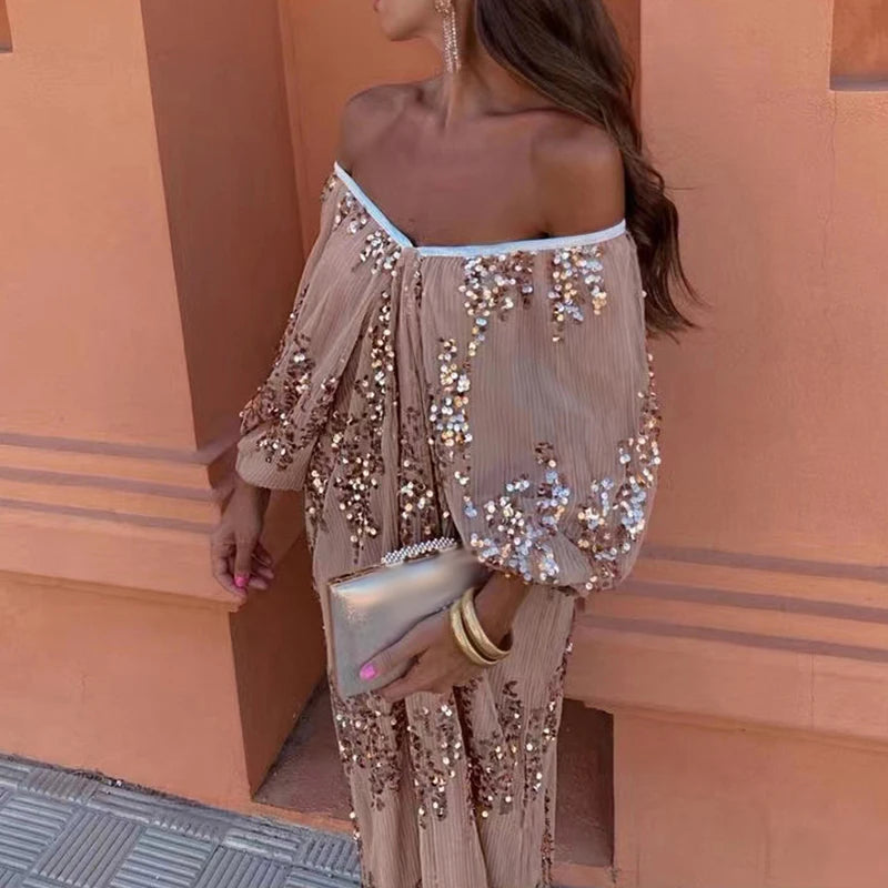 New Elegant Off Shoulder Batwing Sleeve Sequin Dress Loose Deep-V Cocktail Party Wedding Guest Dress