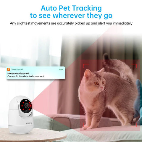 Pet tracking camera with a cat and text about auto pet tracking